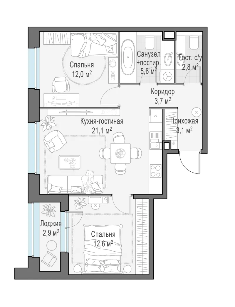 2-комн. 62.4 м²