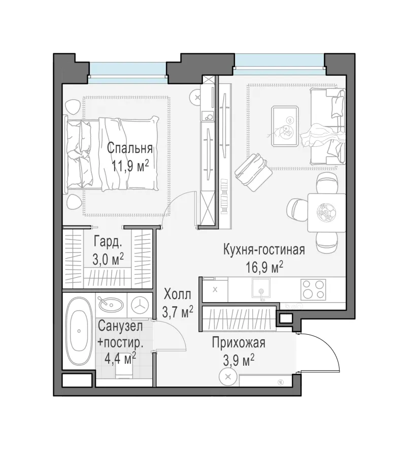 1-комн. 44 м²