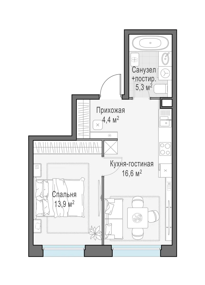 1-комн. 40 м²