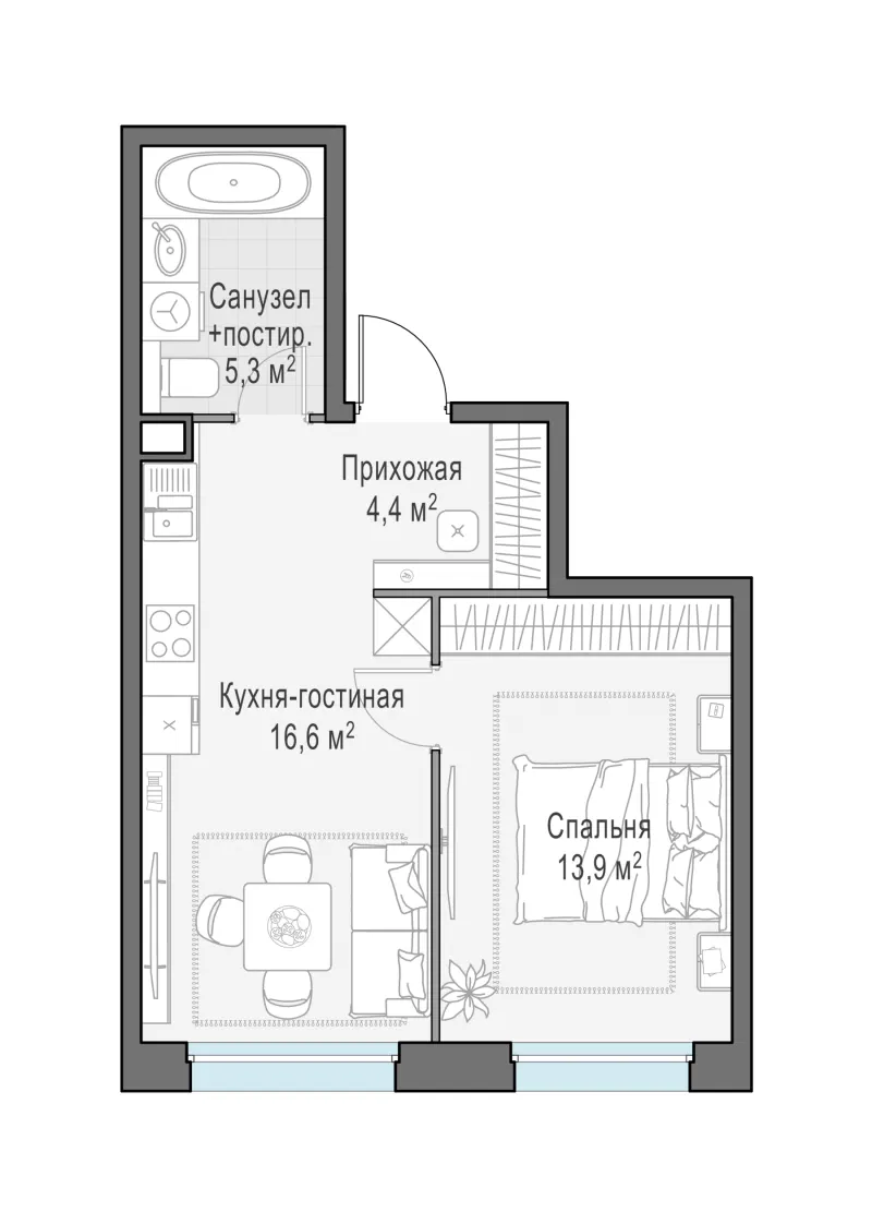1-комн. 40 м²
