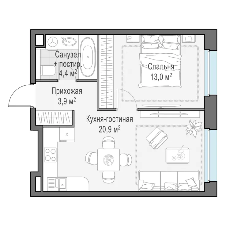 1-комн. 42 м²