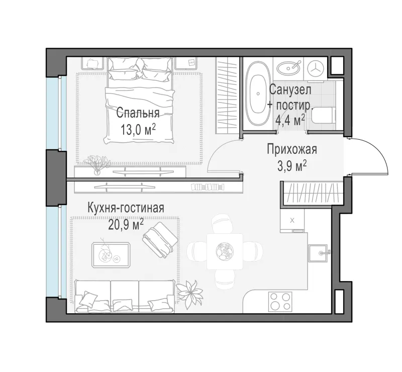 1-комн. 42 м²