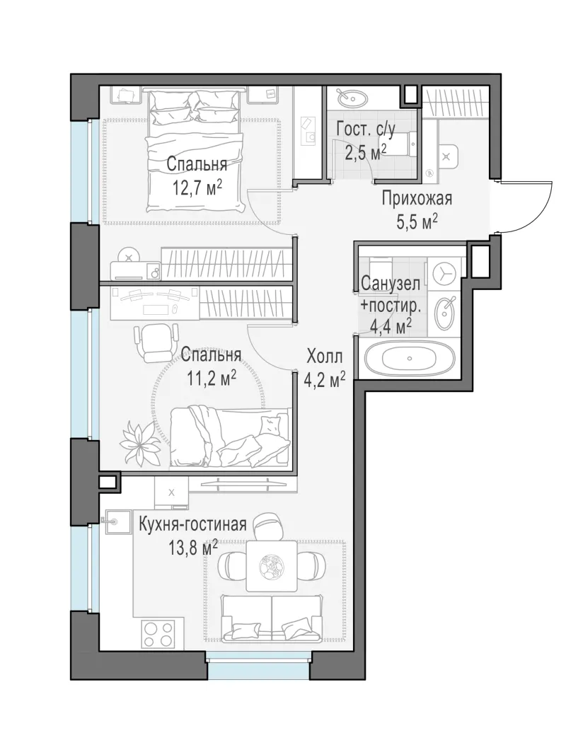 2-комн. 54.3 м²