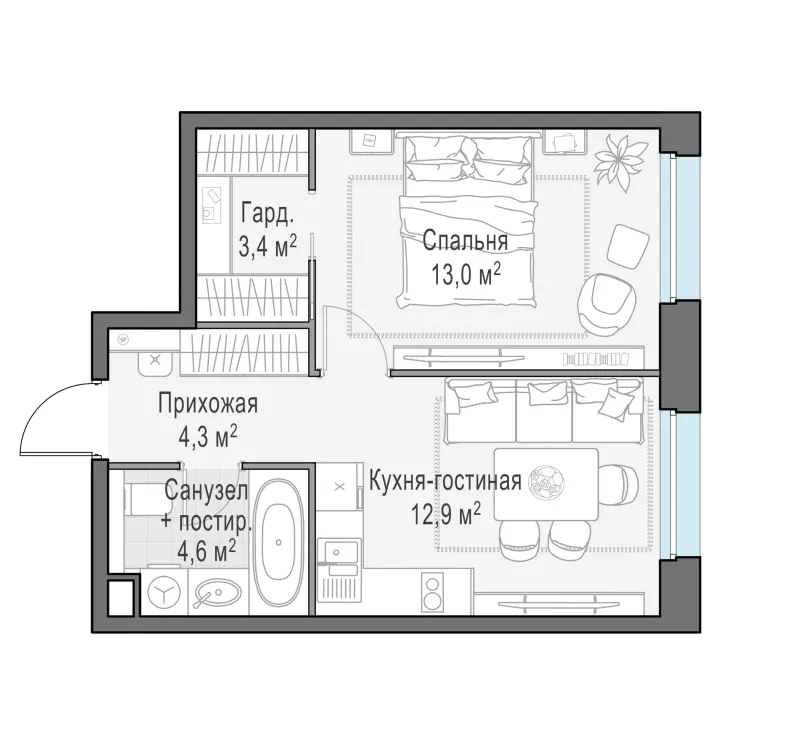 1-комн. 38.2 м²