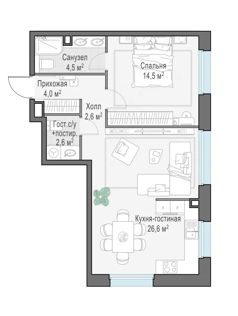 2-комн. 54.3 м²