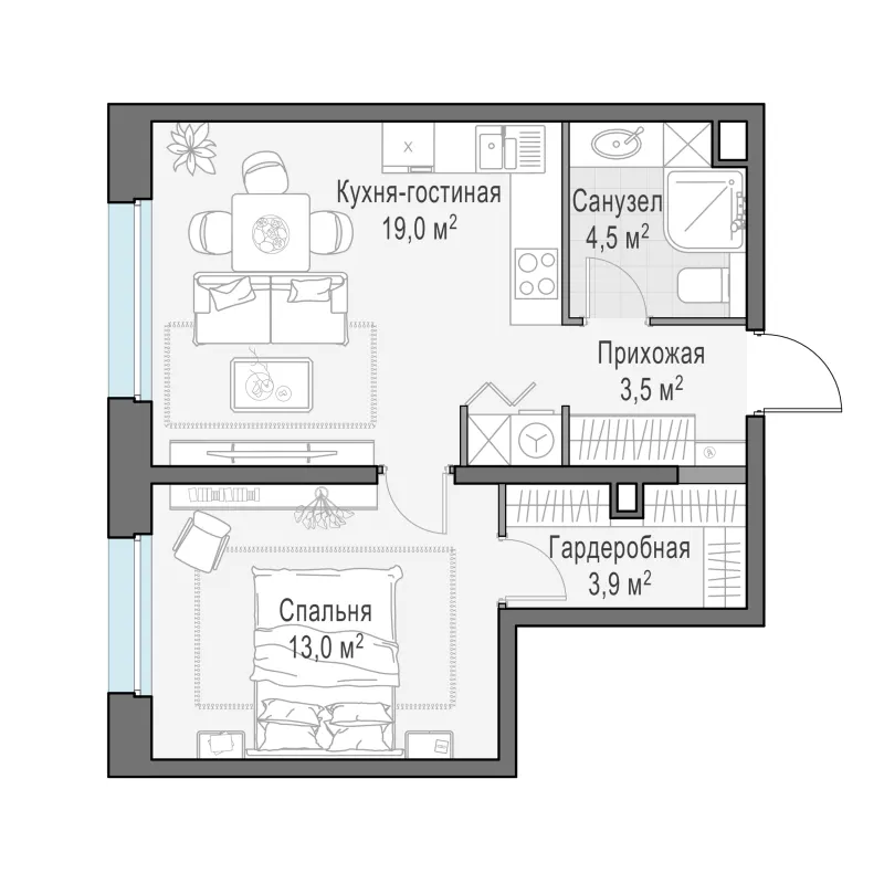 1-комн. 43.9 м²