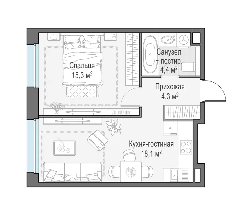 1-комн. 42 м²