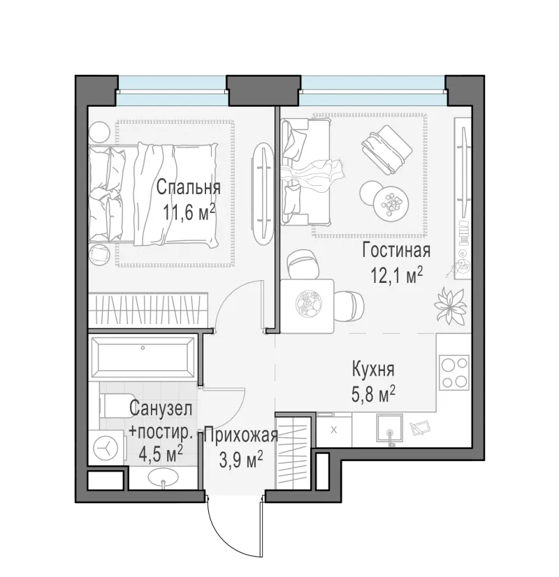 1-комн. 38 м²