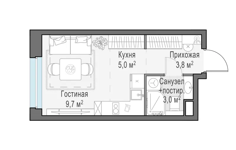 Студия 21.5 м²