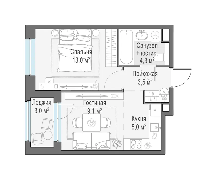 1-комн. 34.9 м²