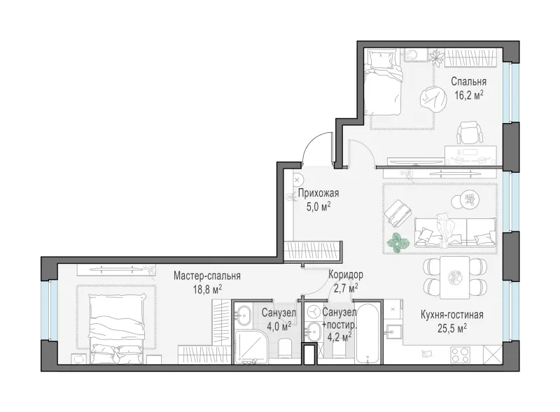 3-комн. 75.1 м²