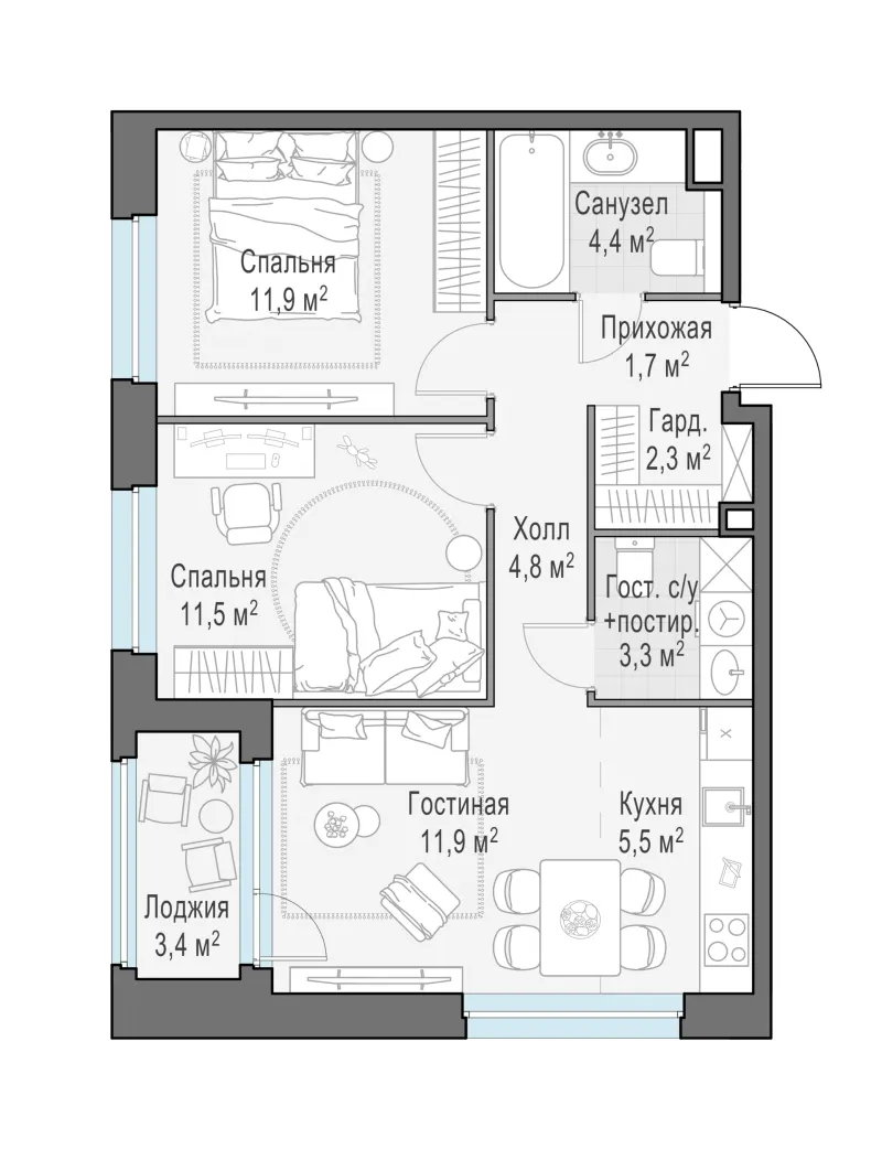 2-комн. 57.2 м²
