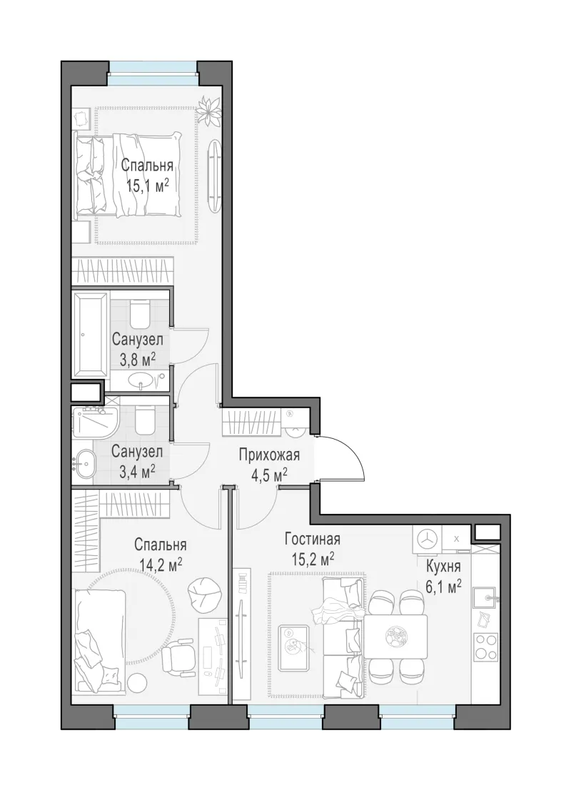 2-комн. 62.9 м²