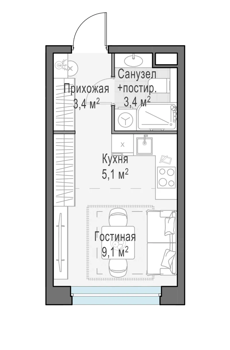 Студия 21 м²