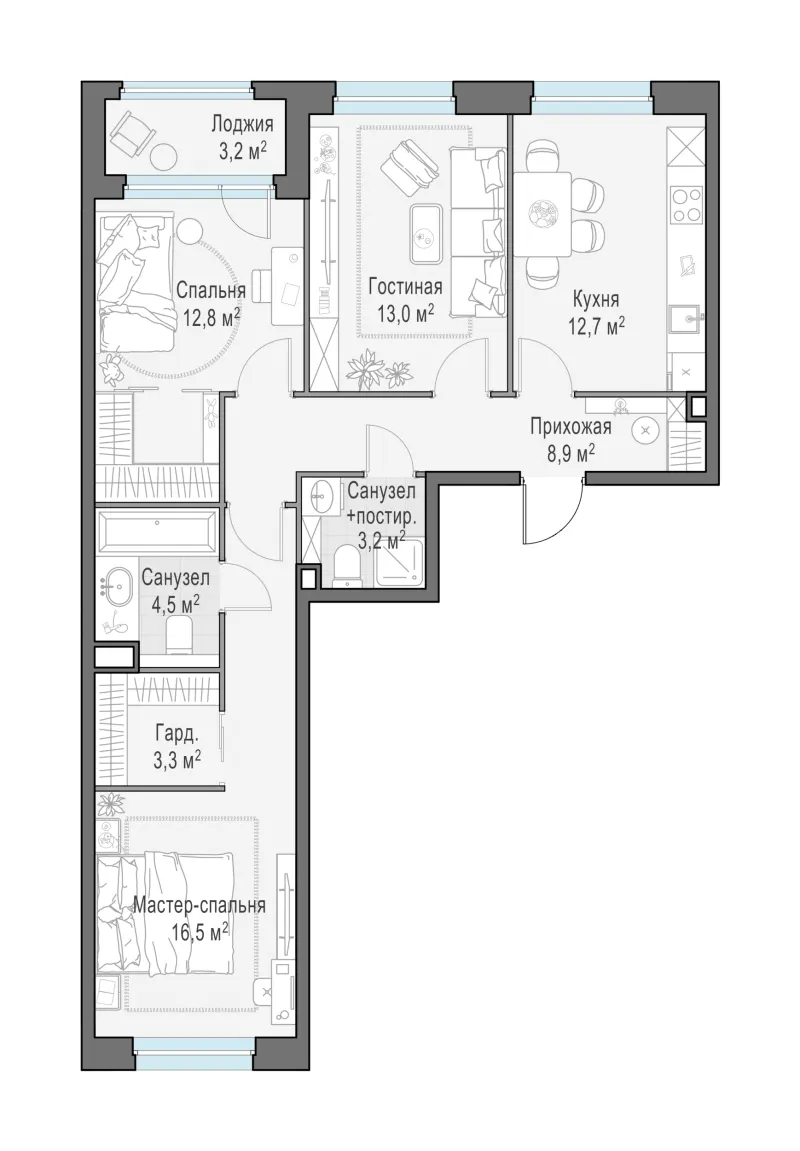 3-комн. 74.9 м²