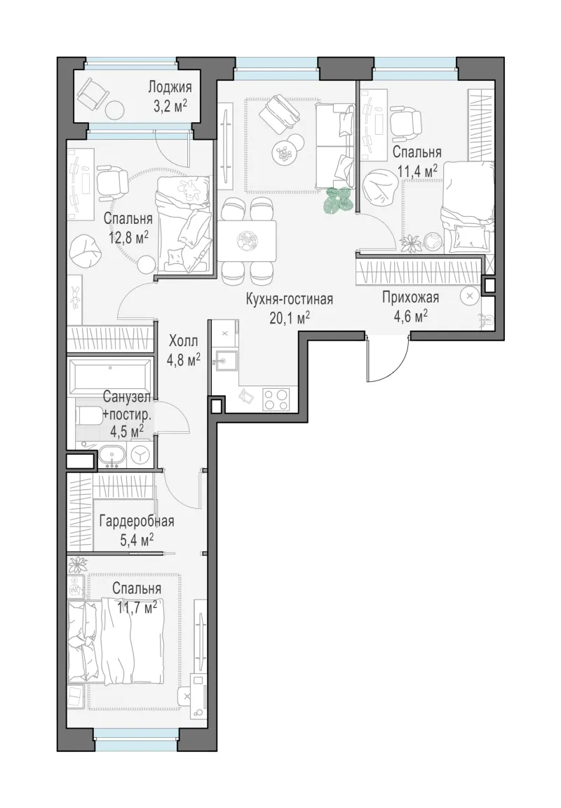 3-комн. 74.9 м²