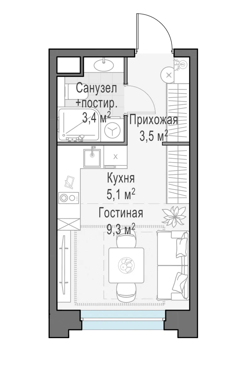 Студия 21.4 м²