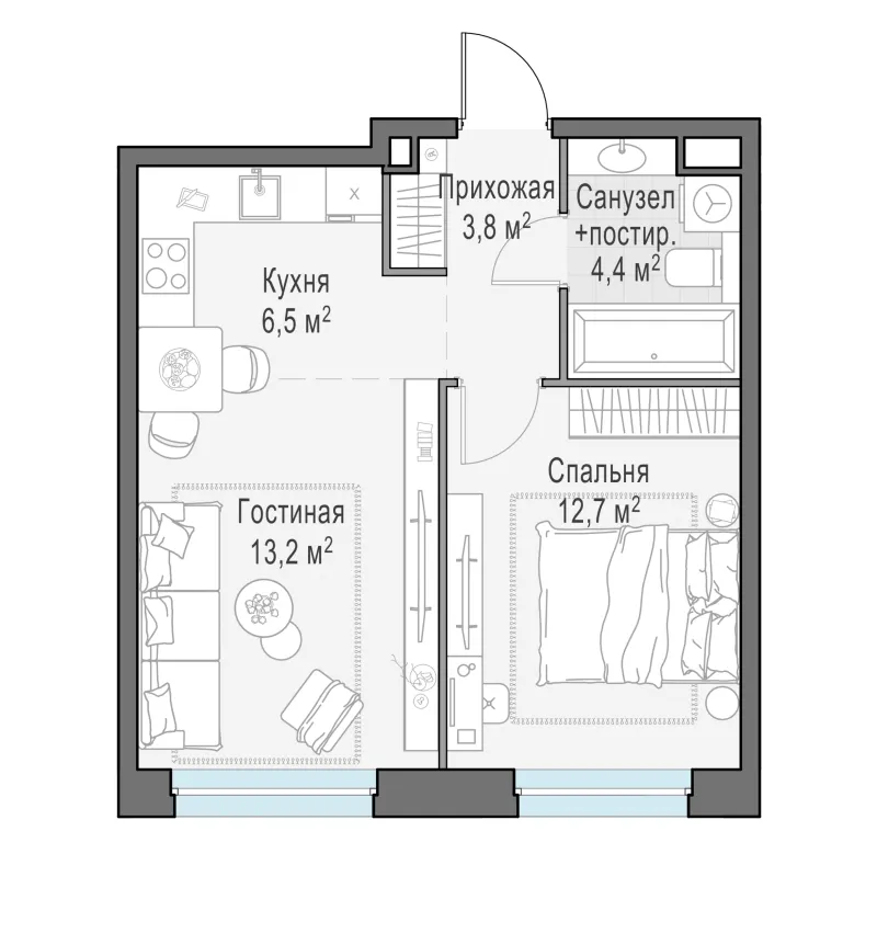 1-комн. 40.6 м²