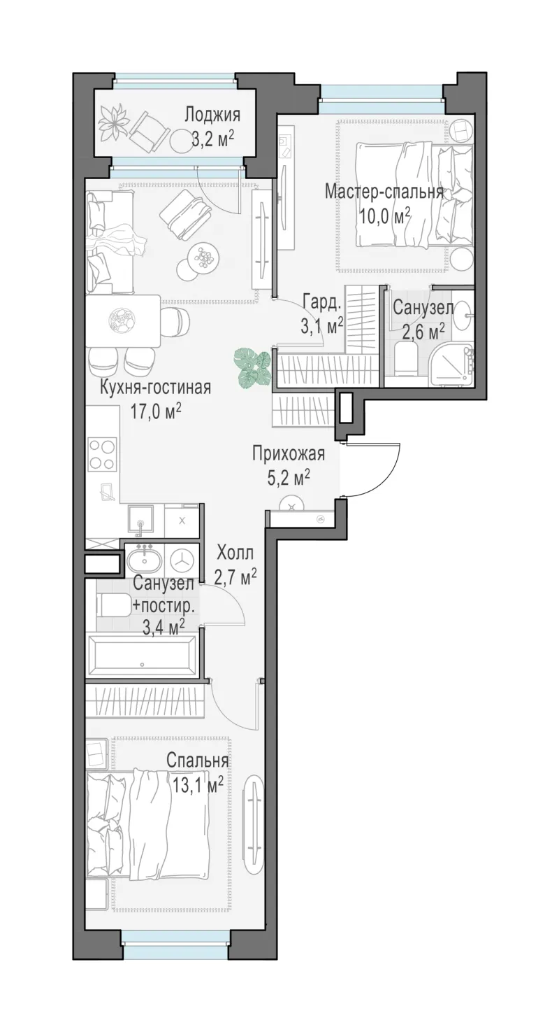 2-комн. 57.9 м²