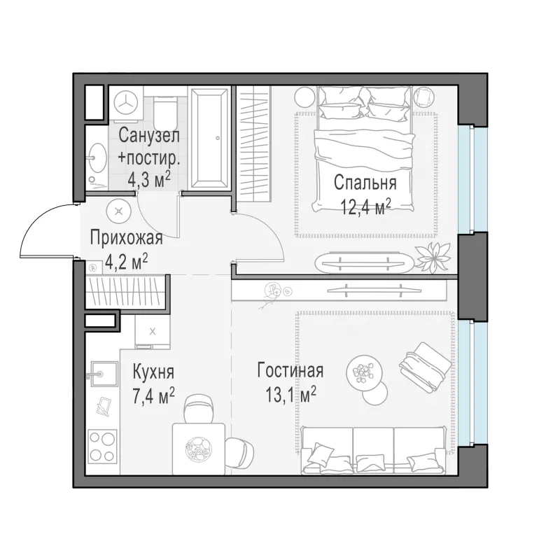 1-комн. 41.4 м²