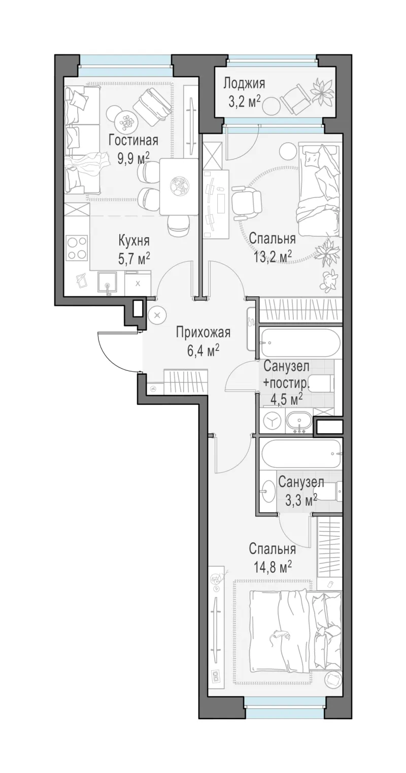 2-комн. 57.7 м²