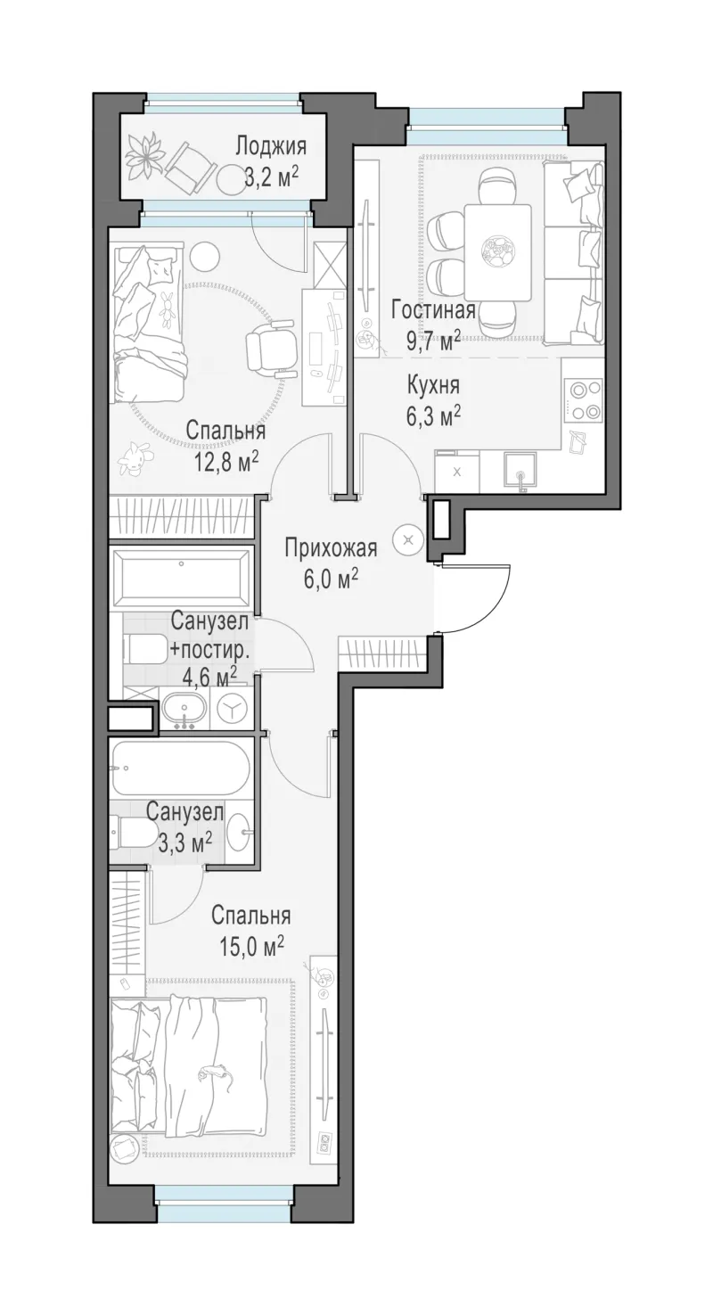 2-комн. 57.9 м²