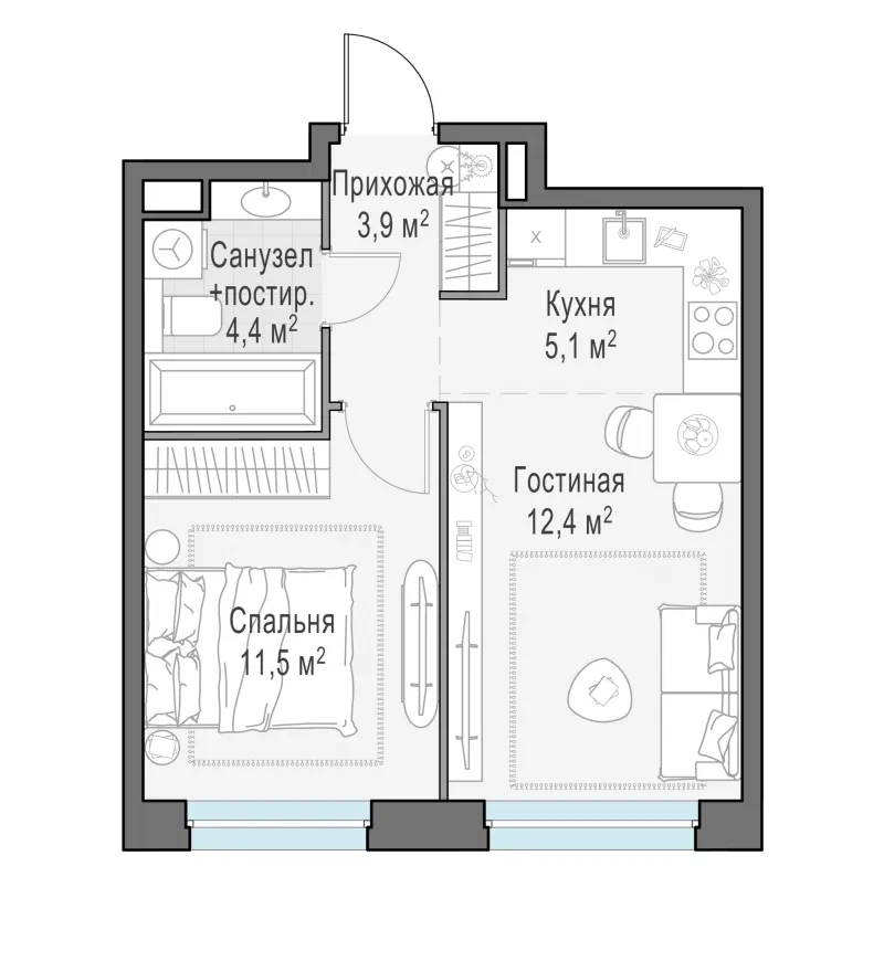 1-комн. 37.3 м²
