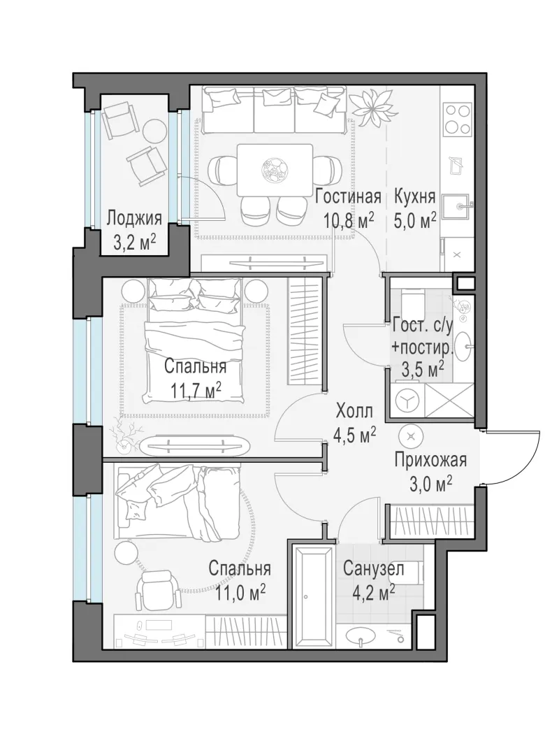 2-комн. 53.6 м²