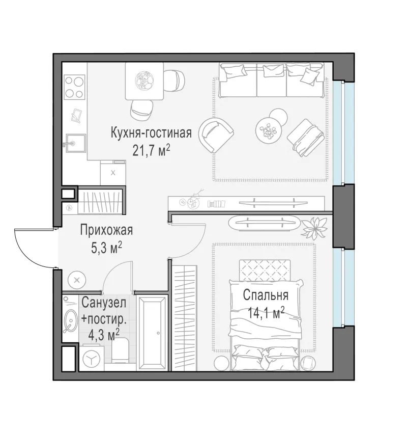 1-комн. 45.3 м²