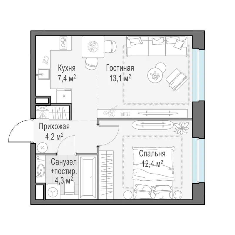 1-комн. 41.4 м²