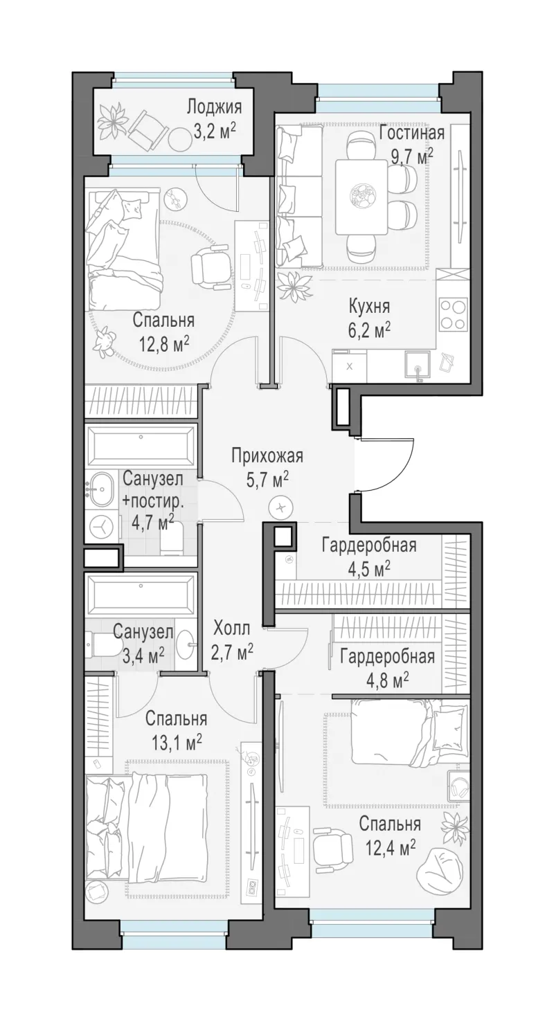 3-комн. 80 м²