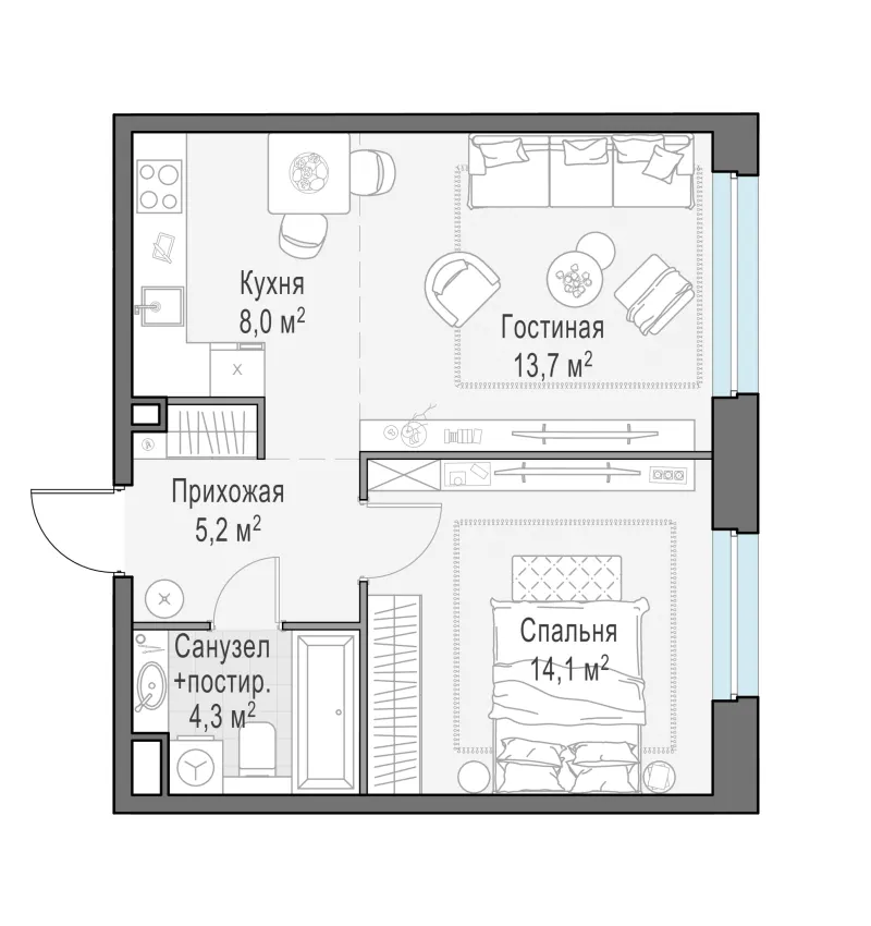 1-комн. 45.3 м²