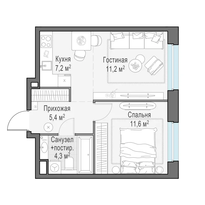 1-комн. 39.7 м²