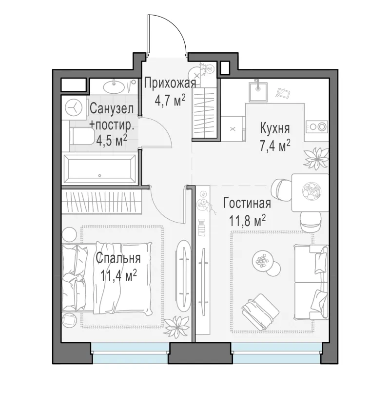 1-комн. 39.7 м²