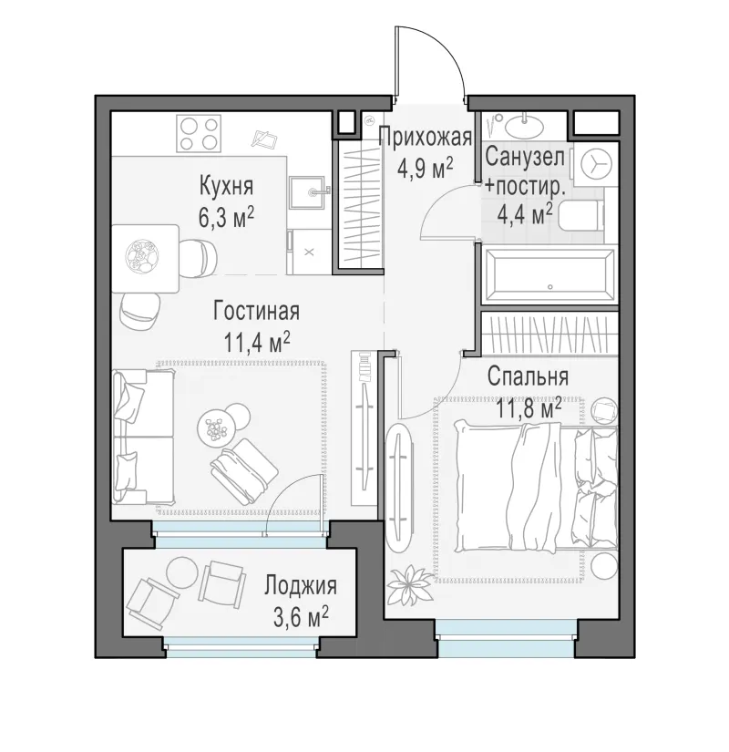 1-комн. 38.8 м²