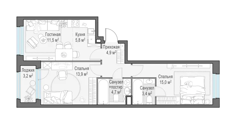 2-комн. 59.2 м²
