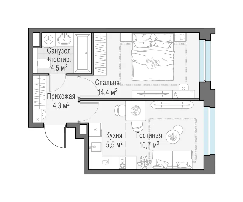 1-комн. 39.3 м²