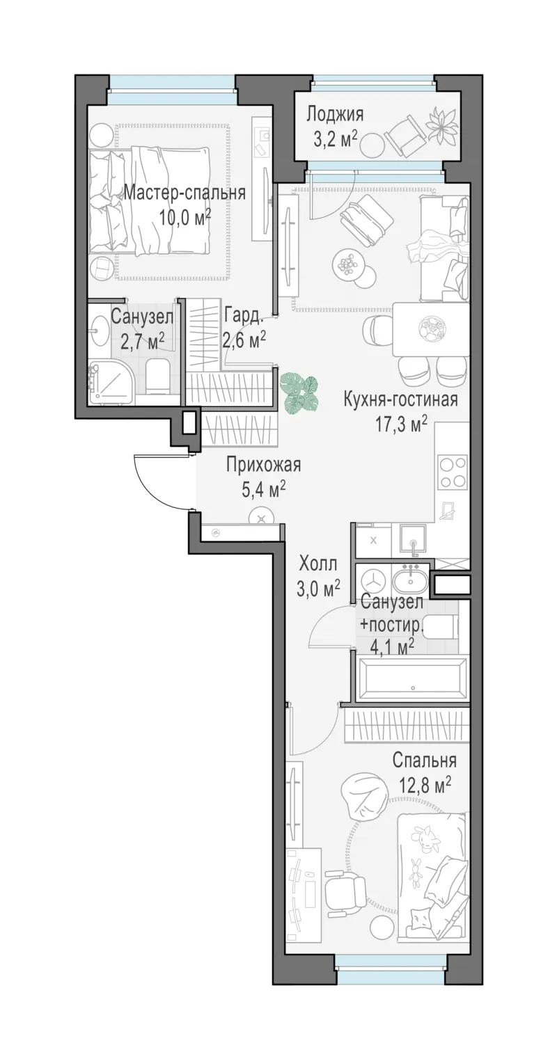 2-комн. 57.8 м²