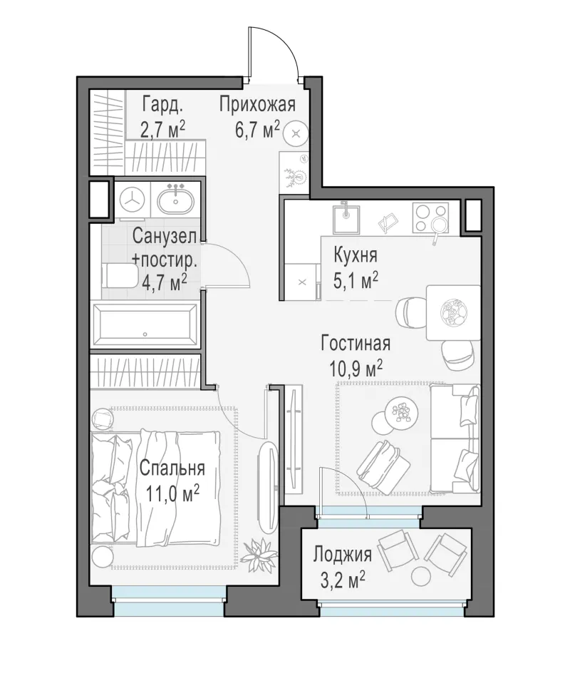 1-комн. 41.1 м²