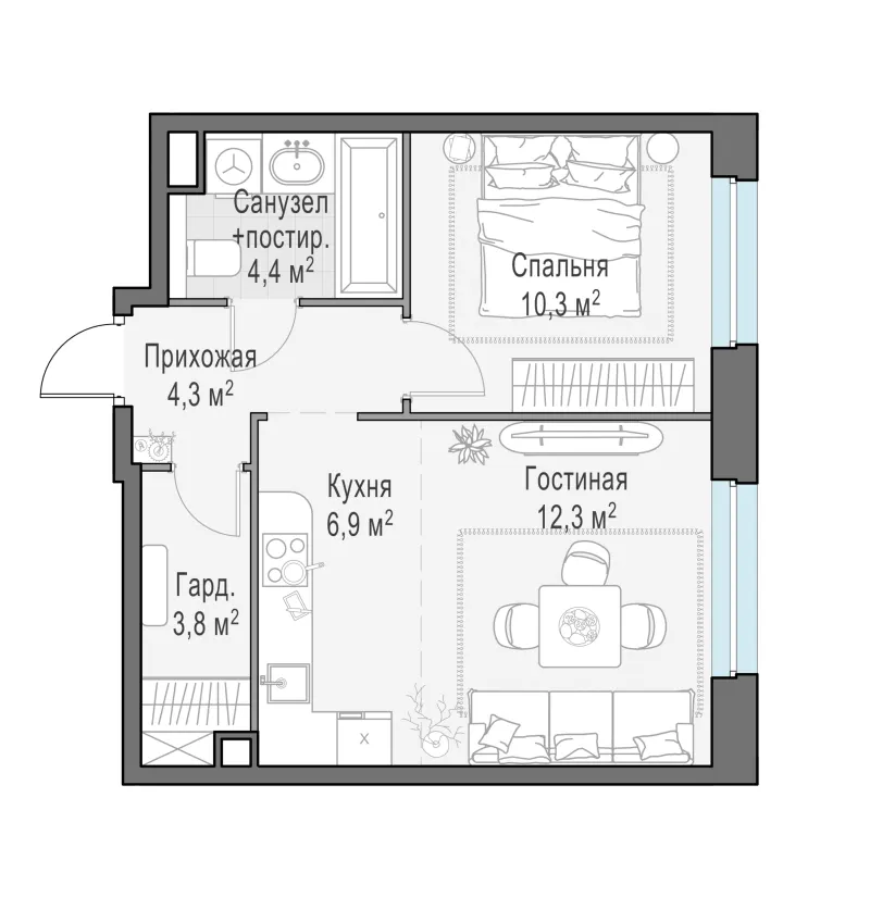 1-комн. 42 м²