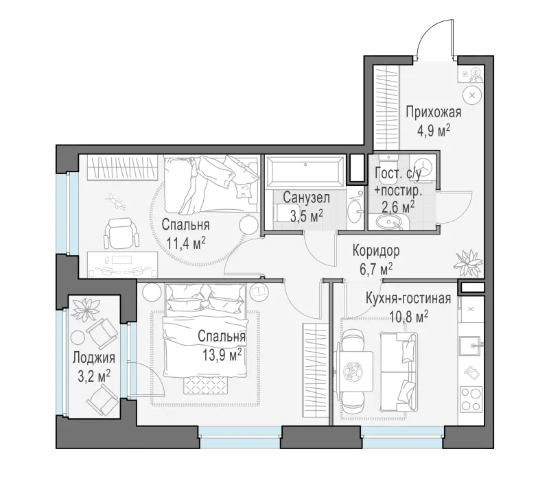 2-комн. 54 м²