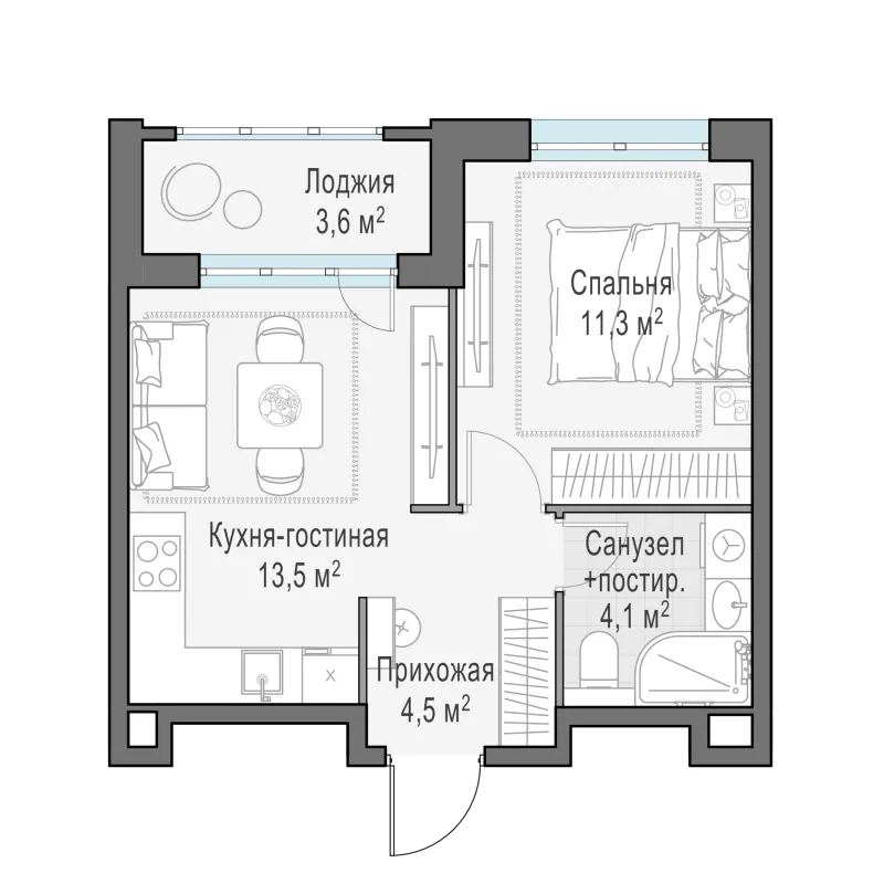 1-комн. 35.1 м²