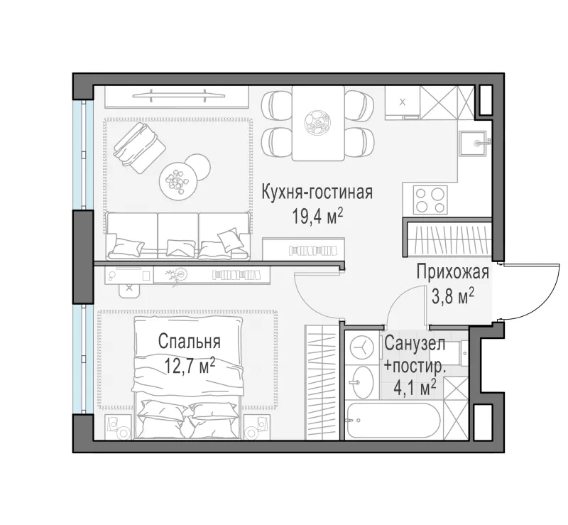 1-комн. 39.8 м²