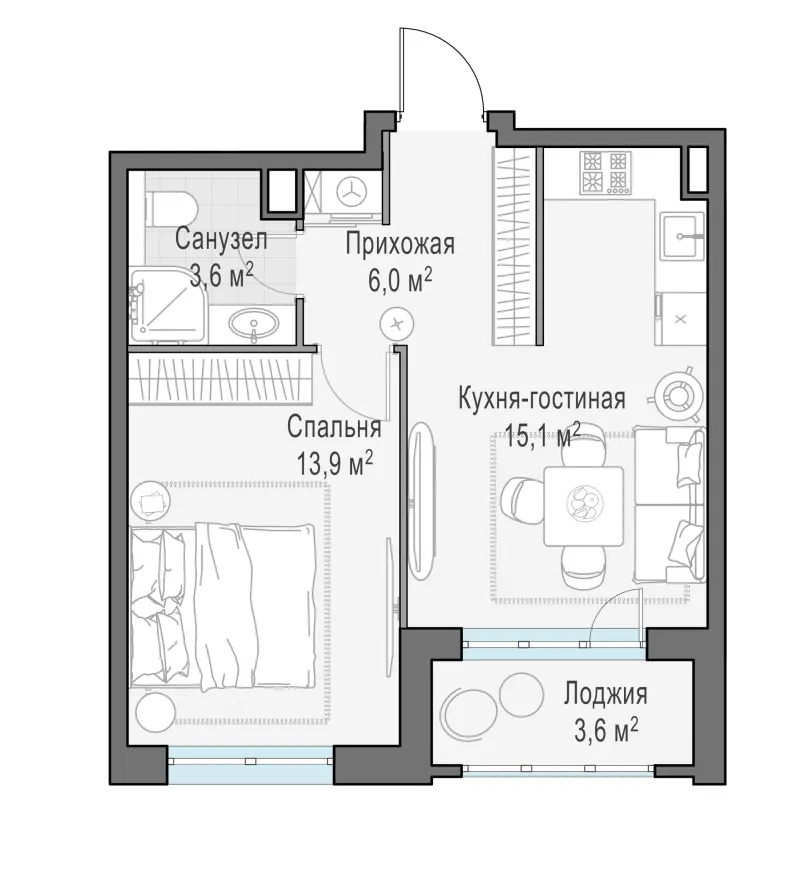 1-комн. 40.4 м²
