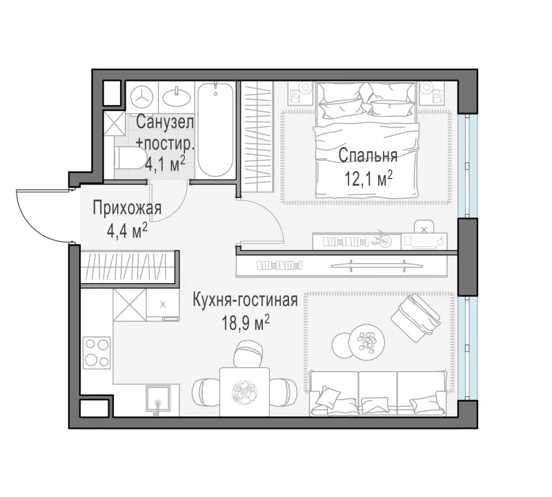 1-комн. 39.6 м²
