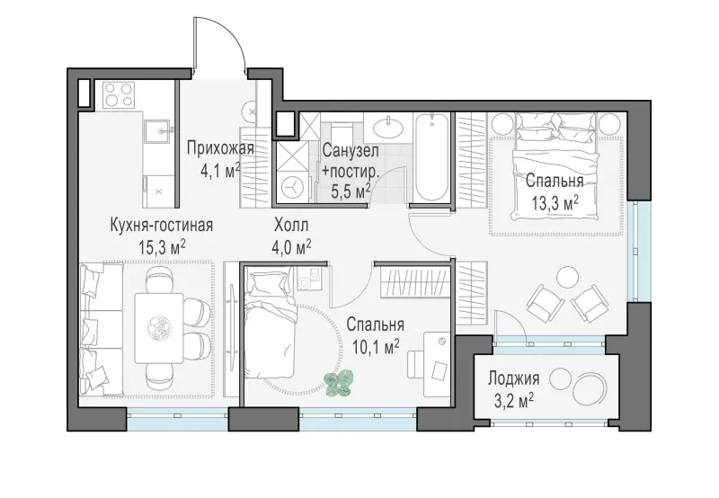 2-комн. 53.5 м²