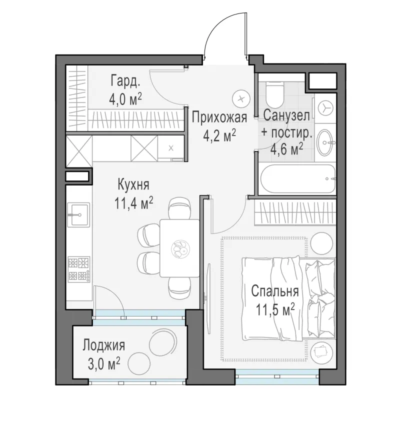 1-комн. 37.4 м²