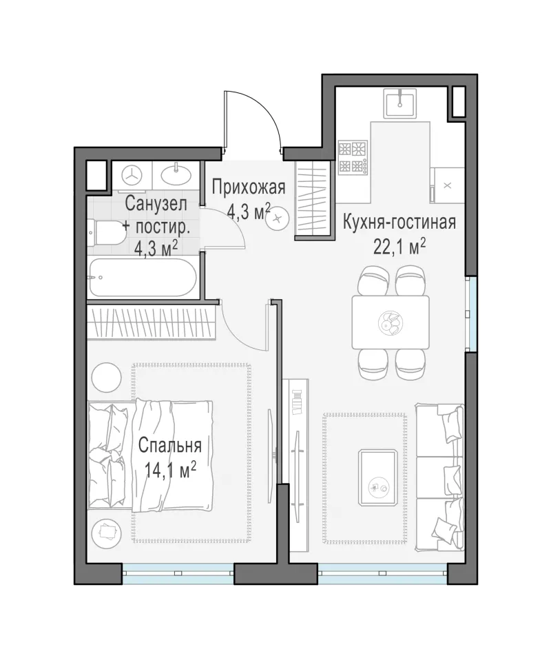 1-комн. 44.7 м²