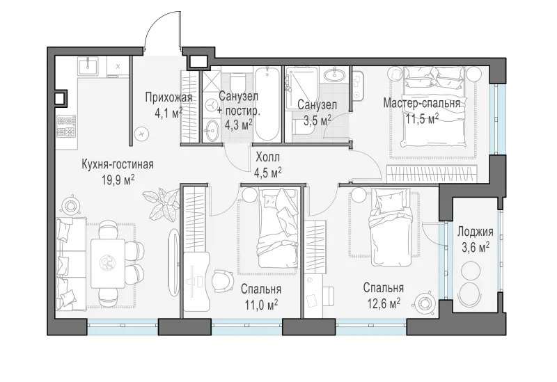 3-комн. 73.3 м²