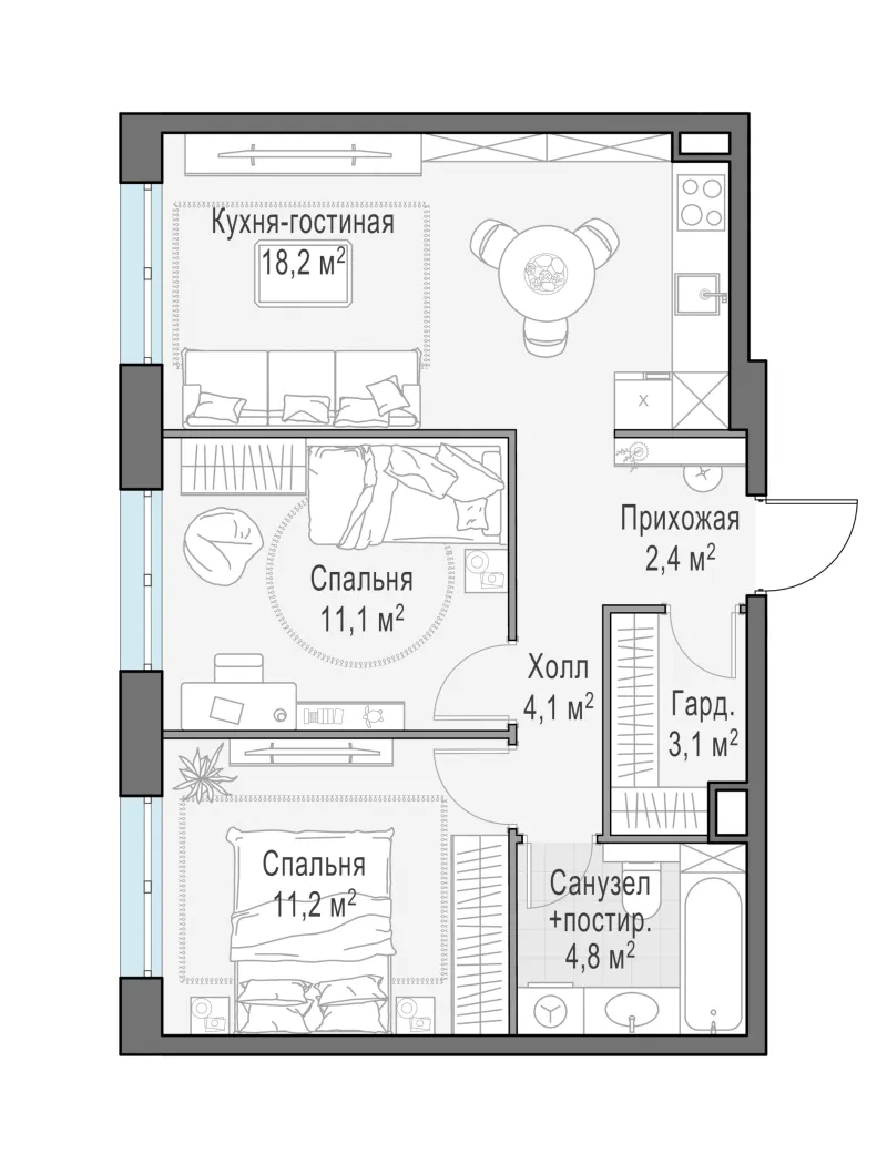 2-комн. 54.7 м²